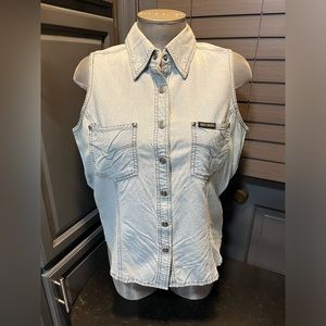 Harley Davidson denim jean sleeveless shirt buttons up the front tank top fitted